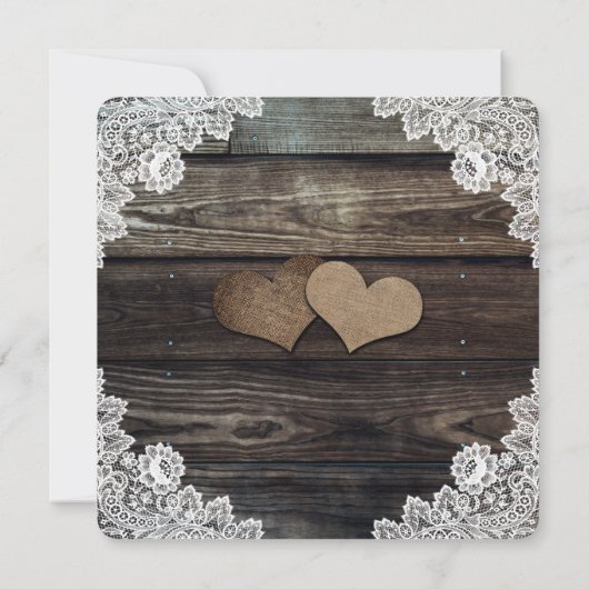 Country Burlap Hearts Floral Lace Wood Wedding Kaart (Achterkant)