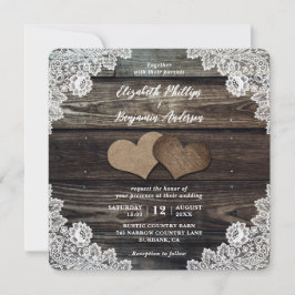 Country Burlap Hearts Floral Lace Wood Wedding Kaart