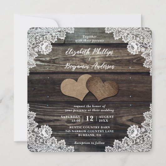 Country Burlap Hearts Floral Lace Wood Wedding Kaart (Voorkant)