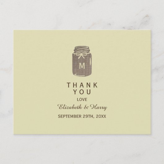 Country Burlap Mason Jar Bruiloft Dank u Briefkaart (Voorkant)