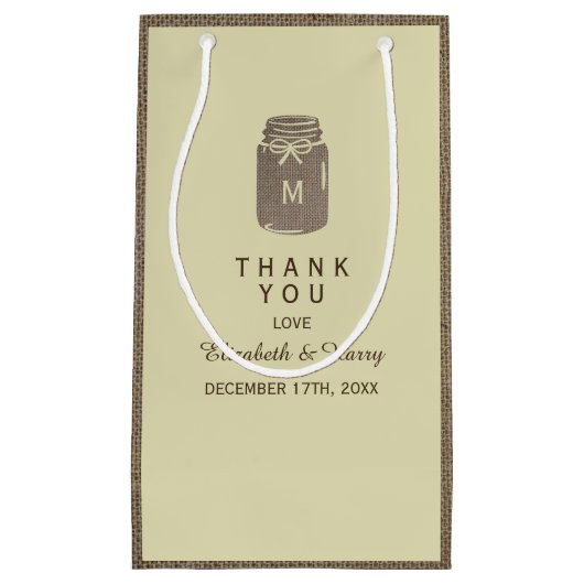 Country Burlap Mason Jar Bruiloft Dank u Klein Cadeauzakje (Voorkant)