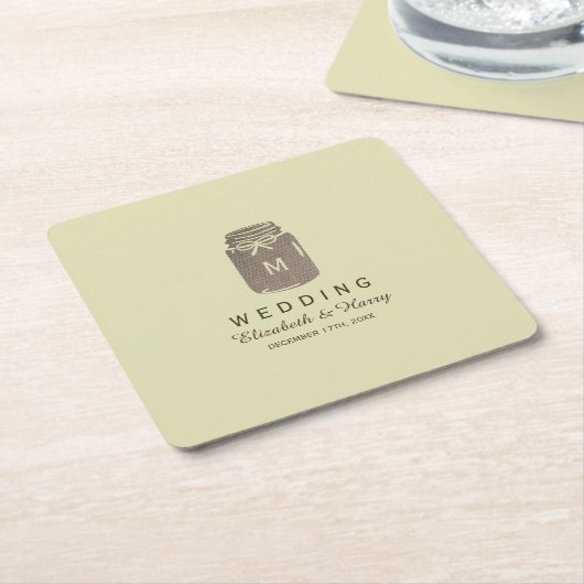 Country Burlap Mason Jar Bruiloft Kartonnen Onderzetters (Schuin)