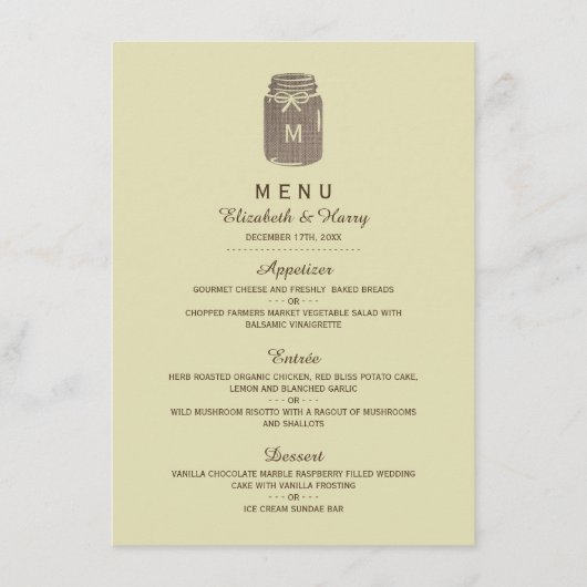 Country Burlap Mason Jar Bruiloft Menu (Voorkant)