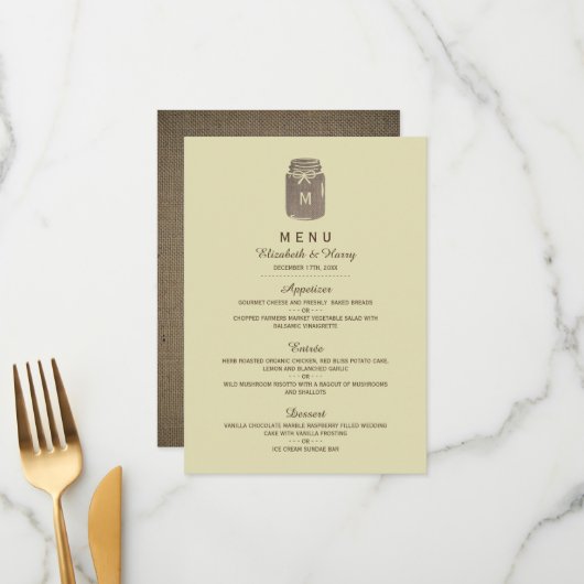 Country Burlap Mason Jar Bruiloft Menu (Voorkant / Achterkant in situ)