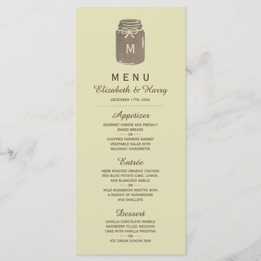 Country Burlap Mason Jar Bruiloft Menu (Voorkant)