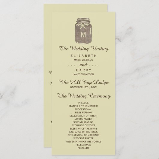 Country Burlap Mason Jar Bruiloft Programmakaart (Voorkant / Achterkant)