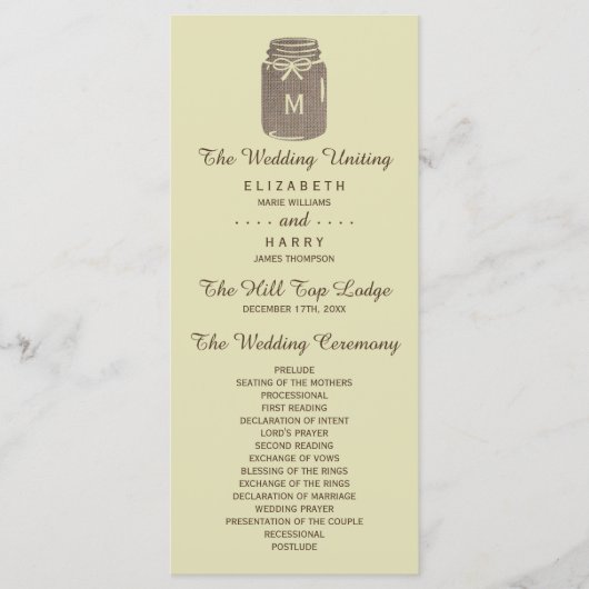 Country Burlap Mason Jar Bruiloft Programmakaart (Voorkant)