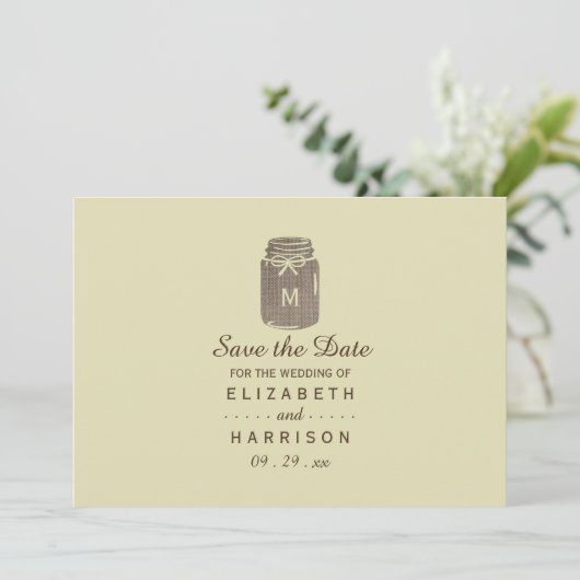 Country Burlap Mason Jar Bruiloft Save The Date (Staand voorkant)