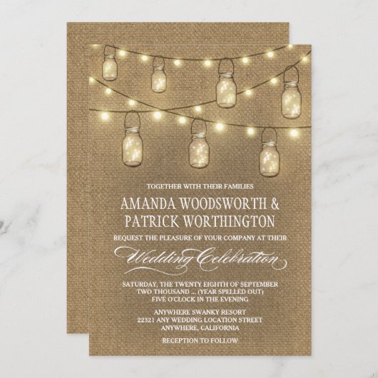 Country Burlap Mason Jar bruiloft uitnodigingen (Voorkant / Achterkant)