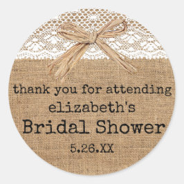 Country Burlap met Kant Vrijgezellenfeest Gast Fav Ronde Sticker