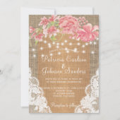 Country burlap roze pioenroos lichten en kant brui kaart (Voorkant)