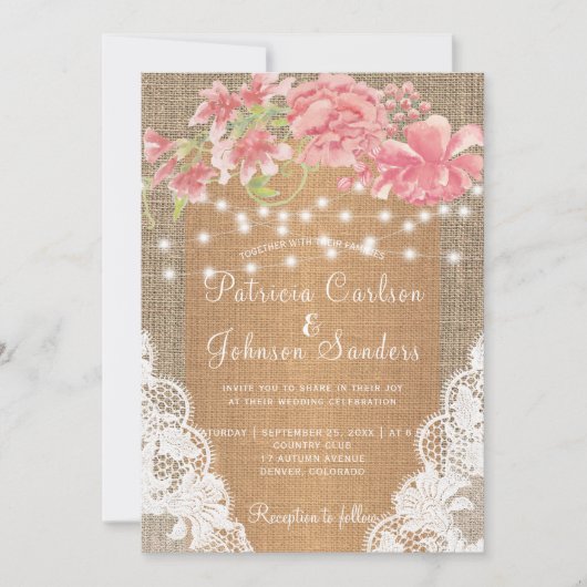 Country burlap roze pioenroos lichten en kant brui kaart (Voorkant)