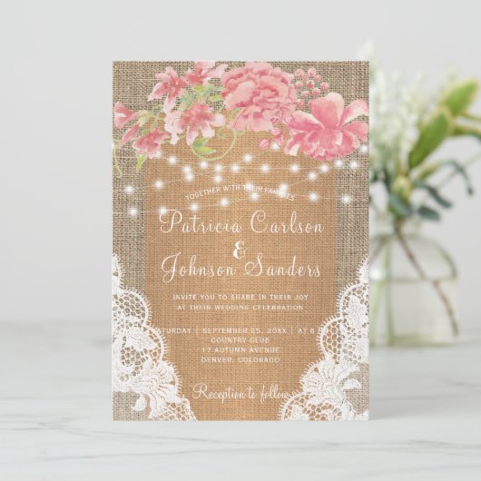 Country burlap roze pioenroos lichten en kant brui kaart (Staand voorkant)