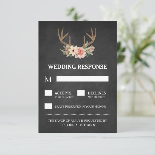 Country Chalkboard Deer Antler Wedding RSVP Kaarte (Staand voorkant)