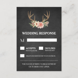 Country Chalkboard Deer Antler Wedding RSVP Kaarte Kaartje