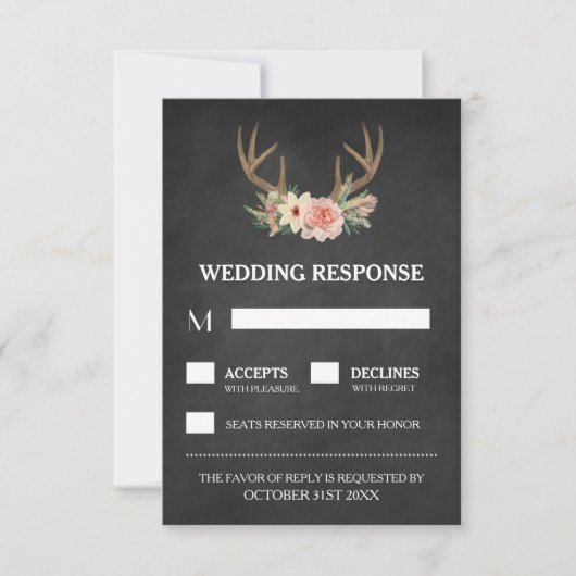 Country Chalkboard Deer Antler Wedding RSVP Kaarte Kaartje (Voorkant)