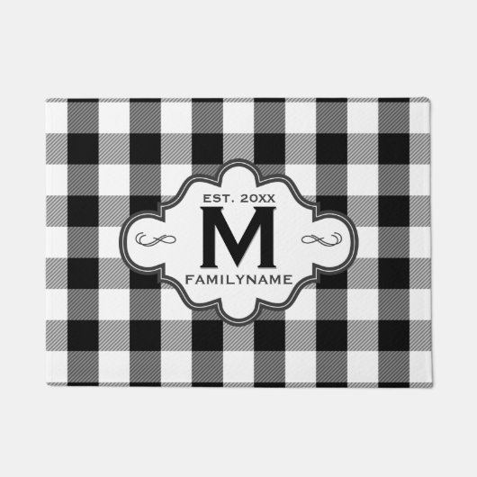 Country Chic B&W Buffalo Plaid Custom Family Logo Deurmat (Voorkant)