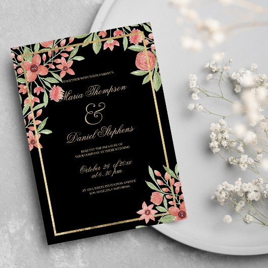 Country Chic Black Gold Pink Green Floral Wedding Kaart