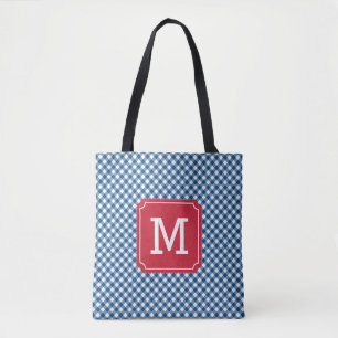 Country Chic Blue Gingham gepersonaliseerd monogra Tote Bag