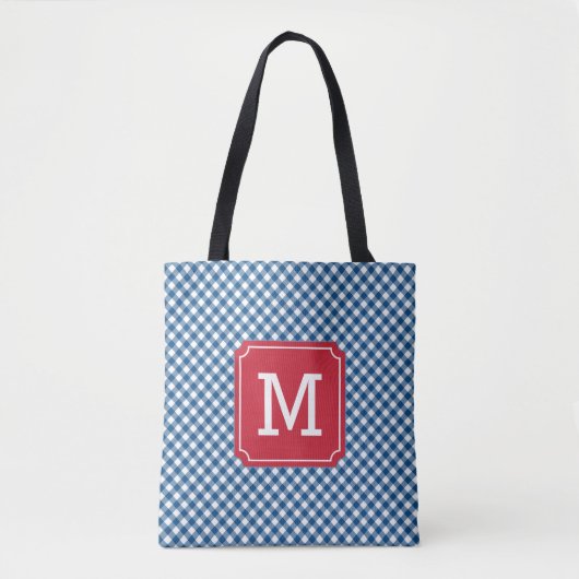 Country Chic Blue Gingham gepersonaliseerd monogra Tote Bag (Voorkant)