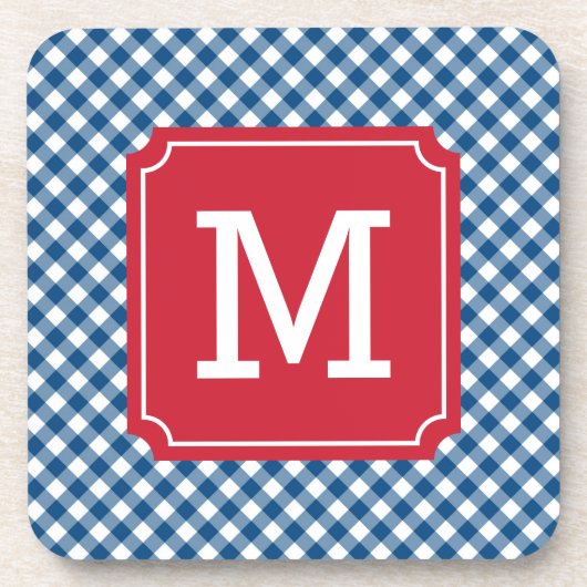 Country Chic Blue Gingham personaliseer Monogram Bier Onderzetter (Voorkant)