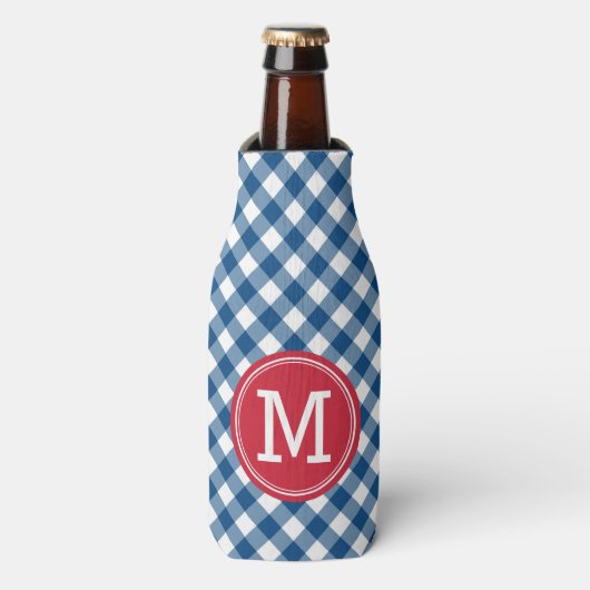 Country Chic Blue Gingham personaliseer Monogram Flesjeskoeler (Fles Voorkant)