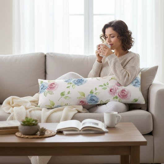 Country Chic Blue Pink Floral Watercolor Lichaamskussen