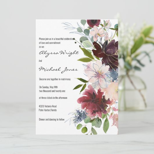 Country chic gold burgundy pink floral Wedding Kaart (Staand voorkant)