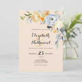 Country chic orange blue ivory floral wedding kaart (Staand voorkant)