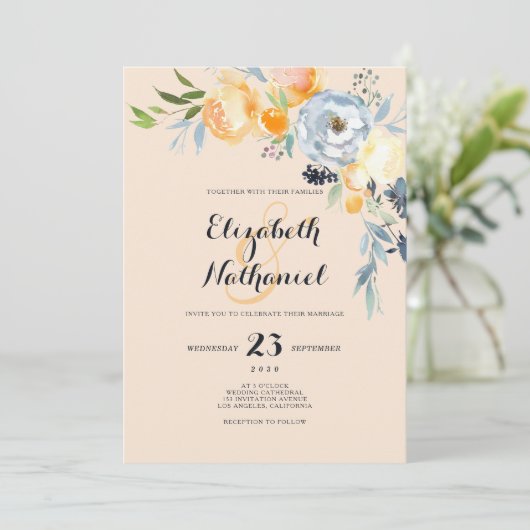 Country chic orange blue ivory floral wedding kaart (Staand voorkant)