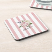 Country Chic Roze Gestreept Rose Boeket Monogramme Bier Onderzetter (Linkerzijde)