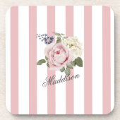 Country Chic Roze Gestreept Rose Boeket Monogramme Bier Onderzetter (Voorkant)