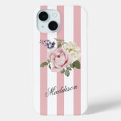 Country Chic Roze Gestreept Rose Boeket Monogramme Case-Mate iPhone Case (Achterkant)
