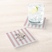 Country Chic Roze Gestreept Rose Boeket Monogramme Glazen Onderzetter (Schuin)