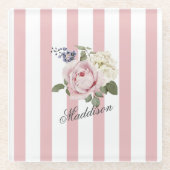 Country Chic Roze Gestreept Rose Boeket Monogramme Glazen Onderzetter (Voorkant)