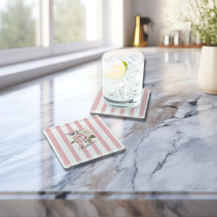 Country Chic Roze Gestreept Rose Boeket Monogramme Glazen Onderzetter