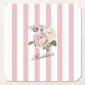 Country Chic Roze Gestreept Rose Boeket Monogramme Kartonnen Onderzetters (Voorkant)
