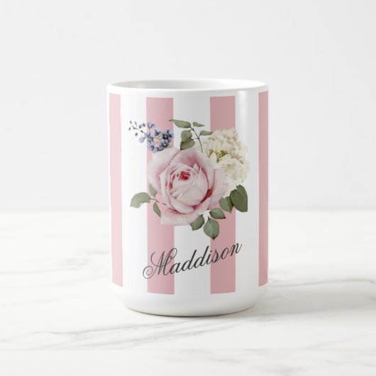 Country Chic Roze Gestreept Rose Boeket Monogramme Koffiemok (Center)