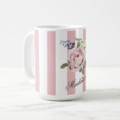Country Chic Roze Gestreept Rose Boeket Monogramme Koffiemok (Voorkant links)