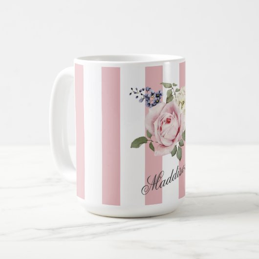 Country Chic Roze Gestreept Rose Boeket Monogramme Koffiemok (Voorkant links)