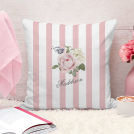 Country Chic Roze Gestreept Rose Boeket Monogramme Kussen