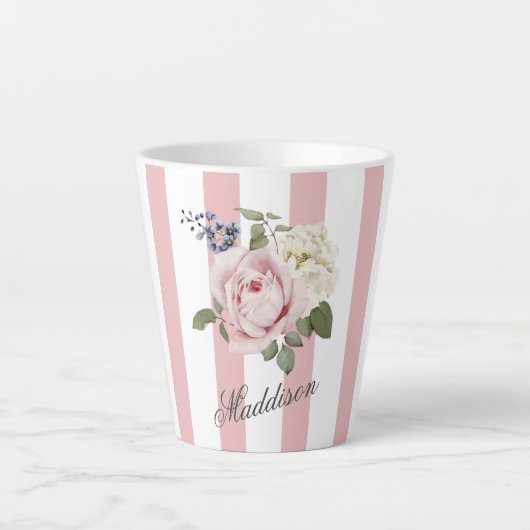 Country Chic Roze Gestreept Rose Boeket Monogramme Latte Mok (Voorkant)