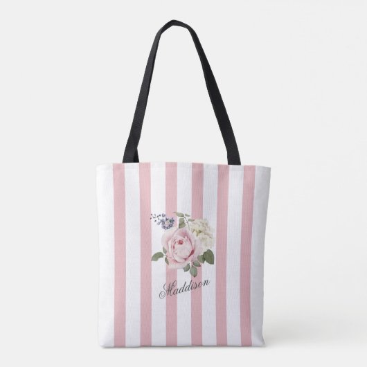 Country Chic Roze Gestreept Rose Boeket Monogramme Tote Bag (Achterkant)