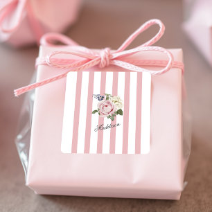 Country Chic Roze Gestreept Rose Boeket Monogramme Vierkante Sticker