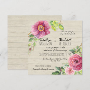 Country Chic Rustic Floral Roos Peony Wood Hek Kaart