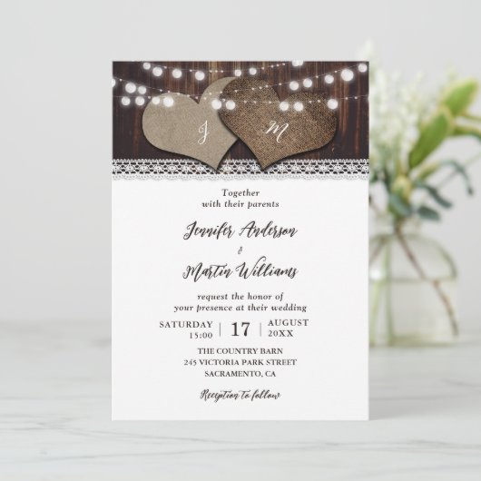 Country Chic Wood String Lichten Twee Harten Trouw Kaart (Staand voorkant)