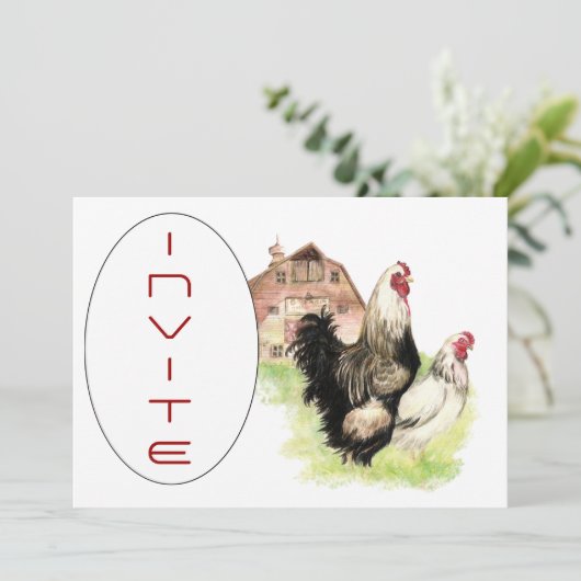 Country Chicken & Rooster Barn Scene Custom Uitnod Kaart (Staand voorkant)