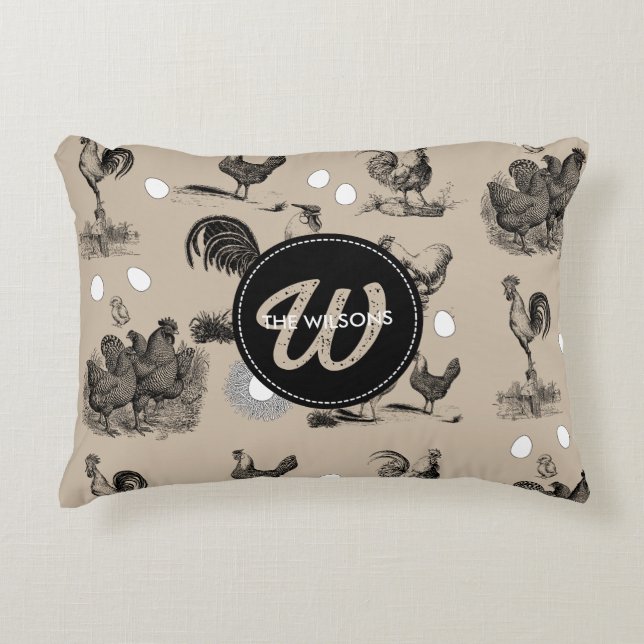 -country Chicken Rooster Egg Monogram Accent Kussen (Voorkant)