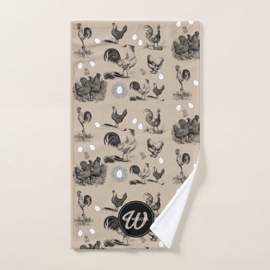 -country Chicken Rooster Egg Monogram Bad Handdoek (Handdoek)