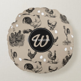 -country Chicken Rooster Egg Monogram Rond Kussen